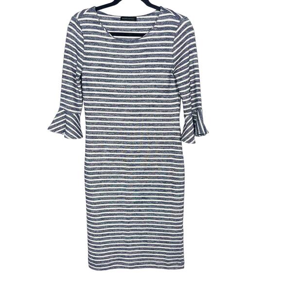 Banana Republic Size 2 Blue White Striped Knit Ruffle 3/4 Sleeve Sheath Dress - Picture 1 of 10